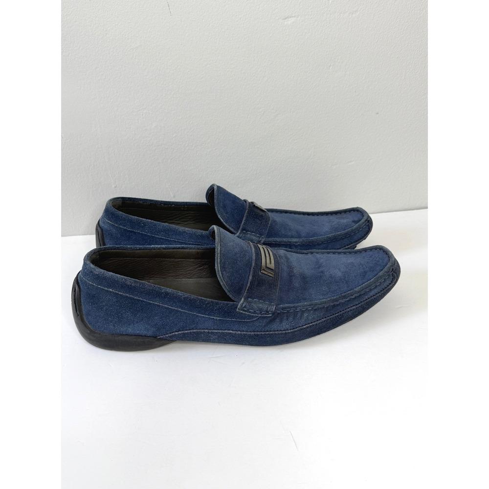 Versace Loafers Blue Suede Greca Driving Moccasins Made in Italy